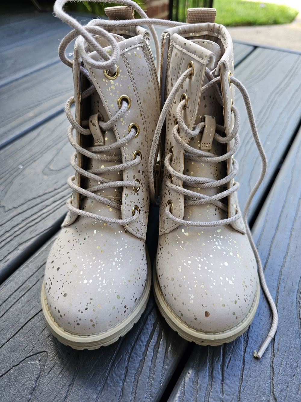 Kids Beige Glitter Lace-Up Combat Boots